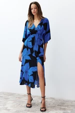 Trendyol Blue Floral Print A-line Double-breasted Collar Midi Woven Dress