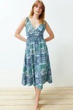 Trendyol Blue Shawl Pattern Strappy Sweetheart Neckline Paisley Patterned Maxi Knitted Dress