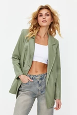 Trendyol Mint Double Breasted Closure Woven Lined Faux Leather Blazer Jacket