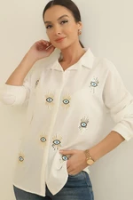 Košile z krepového lnu s nadměrným střihem a vyšíváním flitry od značky By Saygı se vzorem očí.