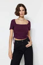 Trendyol Plum Square Collar, Shirring Detailed Fitted/Situated Crop, Elastic Knitted Blouse