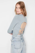 Trendyol Gray Back Detailed Fitted Crew Neck Flexible Crop Knitted Blouse