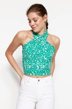 Trendyol Green Printed Halterneck Fitted/Slippery Knitted Blouse with Crop