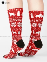 Newfoundland Silhouettes Red And White Christmas Holiday Pattern Socks Mens White Socks Personalized Custom Gift Harajuku Retro