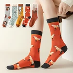 1 Pair Cotton New Fashion Elegant Art Orange Yellow Horse Lion Women Socks Long Female Girls Ethic Style Dress Sox Summer Gift