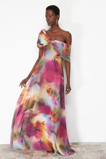 Trendyol Multicolored A-Line Lined Asymmetrical Neck Woven Chiffon Long Elegant Evening Dress Trendyol Multicolored A-Line Lined Asymmetrical Neck Woven Chiffon Long Elegant Evening Dress