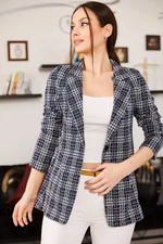 armonika Women's Navy Blue One-Button Plaid Jacket