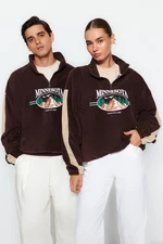 Trendyol Brown Unisex Oversize/Wide-Fit High Neck City Embroidery Fleece Sweatshirt