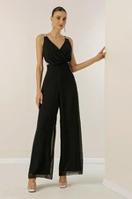 By Saygı Double Breasted Collar Straps Stone Detailed Lined Chiffon Jumpsuit.