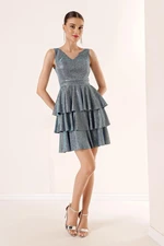 By Saygı Front Back V-Neck Glittery Tiered Dress Indigo