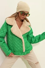 Trend Alaçatı Stili Women's Green Double Breasted Quilted Coat with a Sheath and Fur Collar and Belted Waist