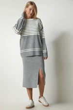 Happiness İstanbul Women's Gray Striped Sweater Skirt Knitwear Suit