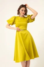 Lafaba Women's Pistachio Mini Satin Evening Dress with Balloon Sleeves and Stones Belt. Lafaba Women's Pistachio Mini Satin Evening Dress with Balloon Sleeves and Stones Belt.
