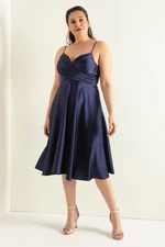 Lafaba Women's Navy Blue Rope Strap Waist Belted Satin Midi Plus Size Evening Dress Lafaba Women's Navy Blue Rope Strap Waist Belted Satin Midi Plus Size Evening Dress