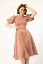 Lafaba Women's Powder Balloon Sleeve Stony Belted Mini Satin Evening Dress