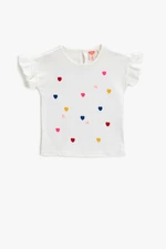 Koton Girls' Ecru T-Shirt with Ruffles Printed Cotton