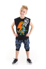 Mushi Lightning Dino Boys Children's Cotton Combed Combed Black T-shirt with Blue Capri Shorts Set.