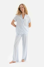 Dagi Light Blue Stair Piping Detailed Striped Woven Pajamas Set