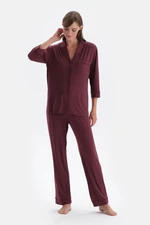 Dagi Burgundy Velvet Stripe Detailed Shirt Trousers Pajama Set