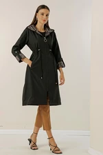 By Saygı Leopard-Pattern Patterned Folded Waist Pleated Lined Trench Coat with a Hooded