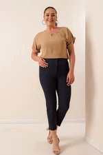 By Saygı Plus Size Lycra Pants with Pocket, Elastic Waist and Navy Blue.