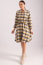armonika Women's Yellow V-Neck Elastic Waist Plaid Pattern Flared Dress