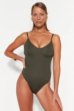 Trendyol Khaki V-neck, Low-cut Back, Textured Regular Leg Swimsuit