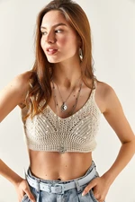 Olalook Women's Stone Openwork Beaded Crop Cotton Knitwear Bustier