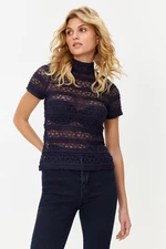 Trendyol Navy Blue Lace Regular/Normal Pattern High Collar Knitted Blouse