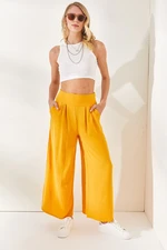 Olalook Women's Yellow Flowy Trousers with Zippered Side, Pockets and Pleat Detail