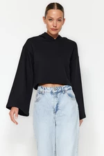 Trendyol Black Thick Fleece Comfort Fit Crop Spanish Sleeve Hooded Knitted Sweatshirt