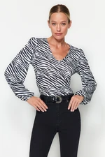 Trendyol Black Zebra Pattern V-Neck Balloon Sleeve Fitted/Slip-On Knitted Blouse