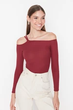 Trendyol Claret Red Asymmetrical Collar Long Sleeve Ribbed Flexible Knitted Body With Snaps