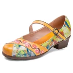 Socofy Vintage Oil Painting Fresh Color Print Leather Low Heels Buckle Mary Jane Shoes