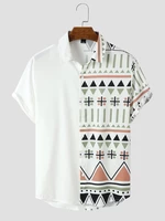 Mens Ethnic Two Tone Spliced Front Buttons Short Sleeve Shirts