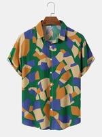 Mens Irregular Color Block Lapel Button Up Short Sleeve Shirts