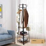 Coat Rack Stand Free Standing with 8 Dual Hooks, 3 in 1 Entryway Hall Trees with Shelves, Industrial Wood Furniture with