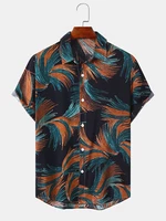 Mens Plants Leaves Print Buttons Up Short Sleeve Shirts