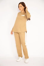 Şans Women's Plus Size Camel V-Neck Blouse and Pants Suit