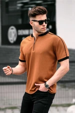 Madmext Camel Zipper Collar Men's Combed Combed Cotton T-Shirt.