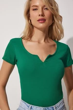 Happiness İstanbul Women's Vibrant Green Sweetheart Neck Corduroy Crop Knitted Blouse