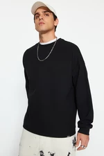 Trendyol Black Men's Oversized Label Detailed Long Sleeve Textured Cotton Sweatshirt.