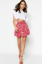 Trendyol Pink Floral Patterned Skirt With Ruffles, Normal Waist, Mini Crepe Knitted Skirt