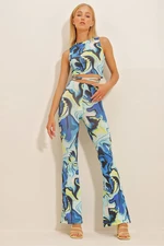 Trend Alaçatı Stili Women's Blue Green Patterned Crop Top and Slit Pants