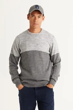 AC&Co / Altınyıldız Classics Men's Gray Melange Standard Fit Regular Cut Crew Neck Colorblok Patterned Knitwear Sweater.