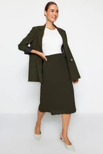 Trendyol Khaki Double Breasted Closed Crepe Midi Knitted Skirt