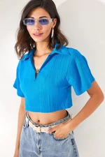 Olalook Women's Blue Polo Collar Accessorized Crop Blouse