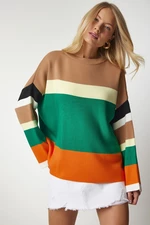 Happiness İstanbul Women's Biscuits Green Block Colored Knitwear Sweater