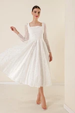 By Saygı Square Collar Lined Glittery Flocked Printed Dress Ecru