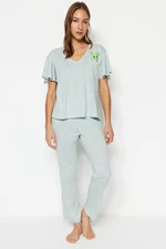 Trendyol Green Cotton Cactus Printed Flounce Sleeve Detailed T-shirt-Pants Knitted Pajamas Set